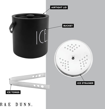 Rae Dunn Ice Bucket with Scoop - Stainless Steel Bucket with Handle, Lid and Ice Scooper - 4 Qt. Storage Bin for Ice Cubes for Bars, Parties, Backyard Barbeques, Picnics, and Camping (Black)