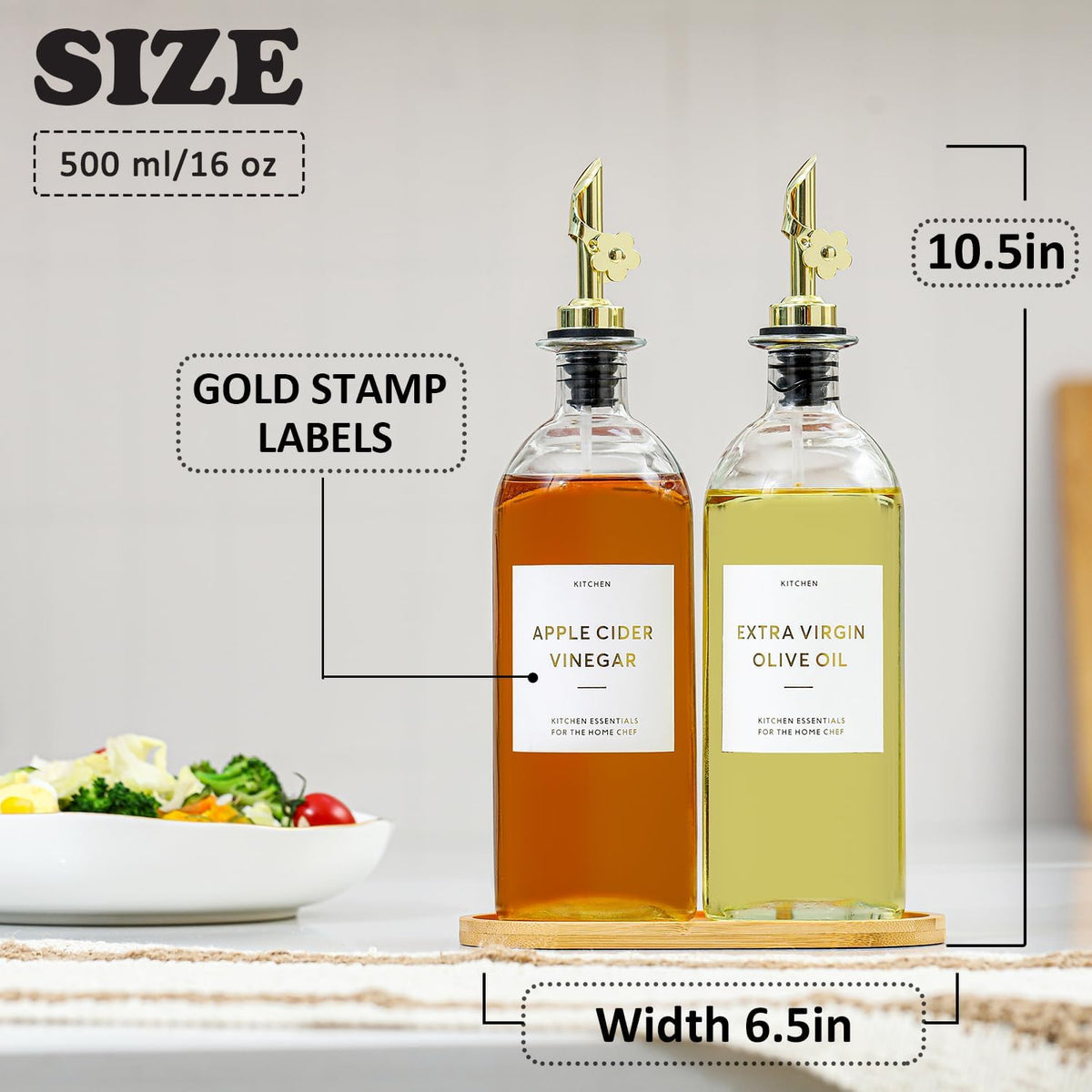 HOMCDALY Olive Oil Dispenser for Kitchen, 12oz Glass kitchen Dispenser Bottle, Gold Oil&Vinegar Cruet Set, Leakproof Oil Containers for Cooking| Set of 2 (12oz – Gold)