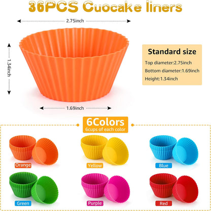 Silicone Cupcake Liners, Set of 36 Muffin Baking Cups, Nonstick Silicone Muffin Liners, Reusable No Stick Silicone Cupcake Molds, 2.75” Silicone Cupcake Baking Cups, mini Multicolored Bulk Pack