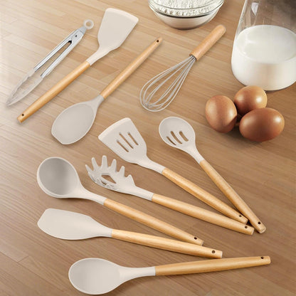 HaWare Silicone Cooking Utensils Set, 10-Piece Chef Kitchen Non-Stick Cookware with Wooden Handle, 450°F Heat Resistant - Khaki