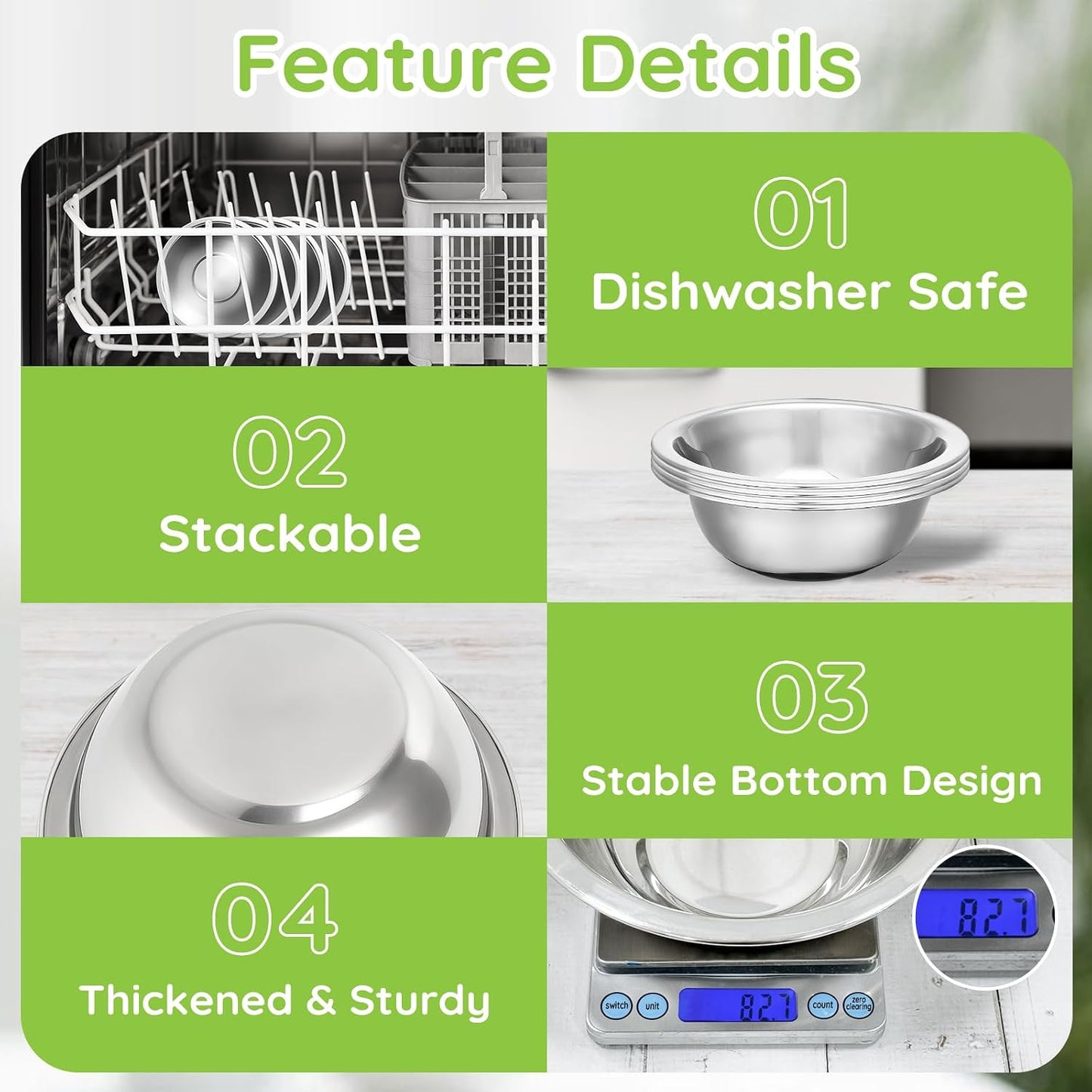 304(18/8) Stainless Steel Mixing Bowls for Kitchen, 4 Pack 7.8" 28.89 fl.oz Metal Mixing Bowls Set Stackable for Baking Serving Cooking Food Prep Storage Dishwasher Safe Heavy Duty
