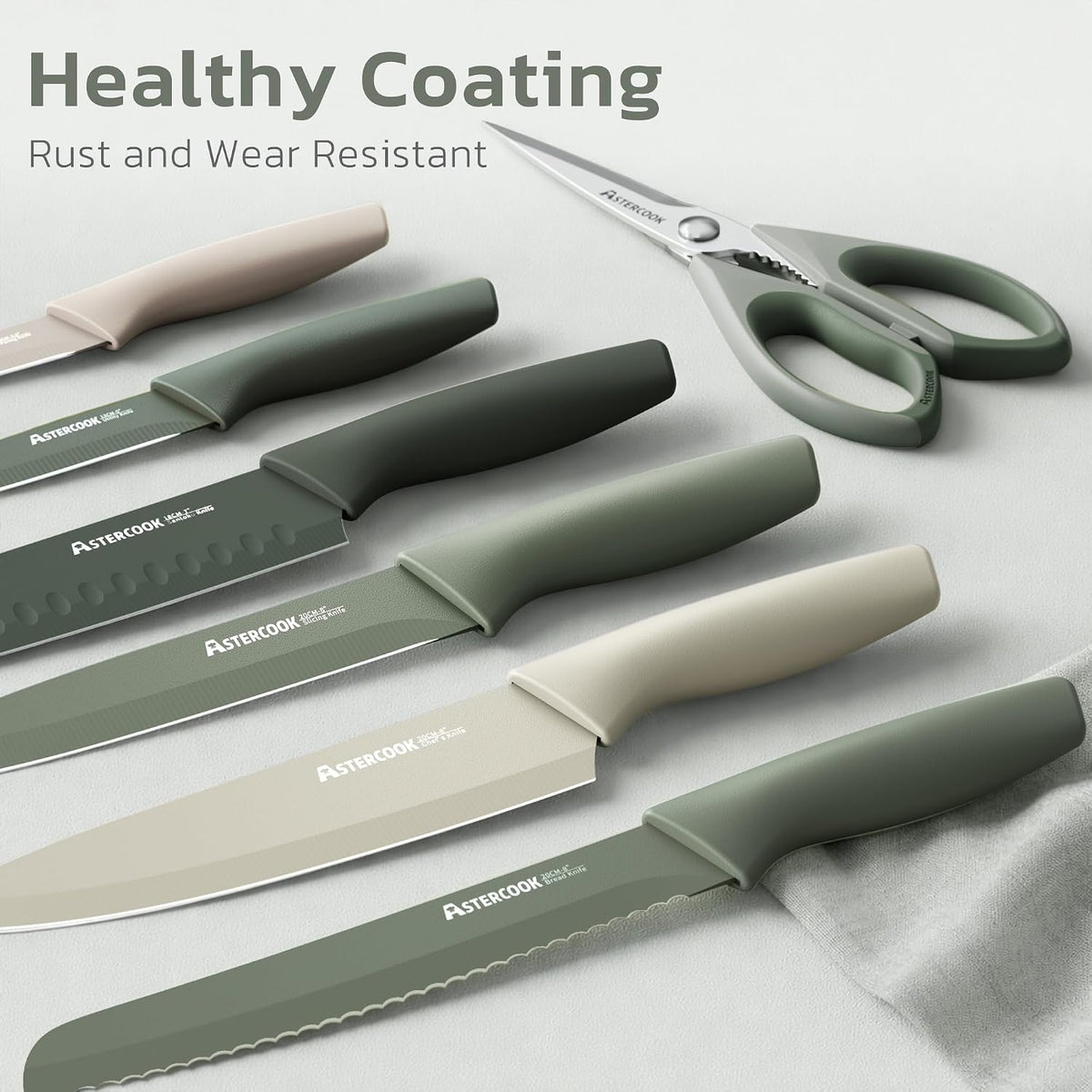 Astercook Knife Set, 13 Pieces Kitchen Knives Set with Healthy Anti-Rust Coating, Dishwasher Safe, Stainless Steel Chef Knife Sets with 6 Blade Guards, Perfect Holiday Gifts for Kitchen