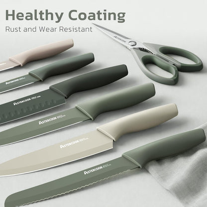Astercook Knife Set, 13 Pieces Kitchen Knives Set with Healthy Anti-Rust Coating, Dishwasher Safe, Stainless Steel Chef Knife Sets with 6 Blade Guards, Perfect Holiday Gifts for Kitchen