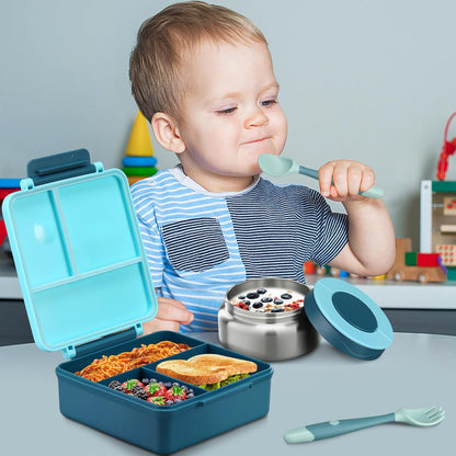 Itslife Bento Lunch Box for Kids with 8oz Soup Thermo&Lunch Bag, Leak-Proof Lunch Food Containers with 4 Compartment, Hot Food Insulated Food Jar for Kids School (Green)