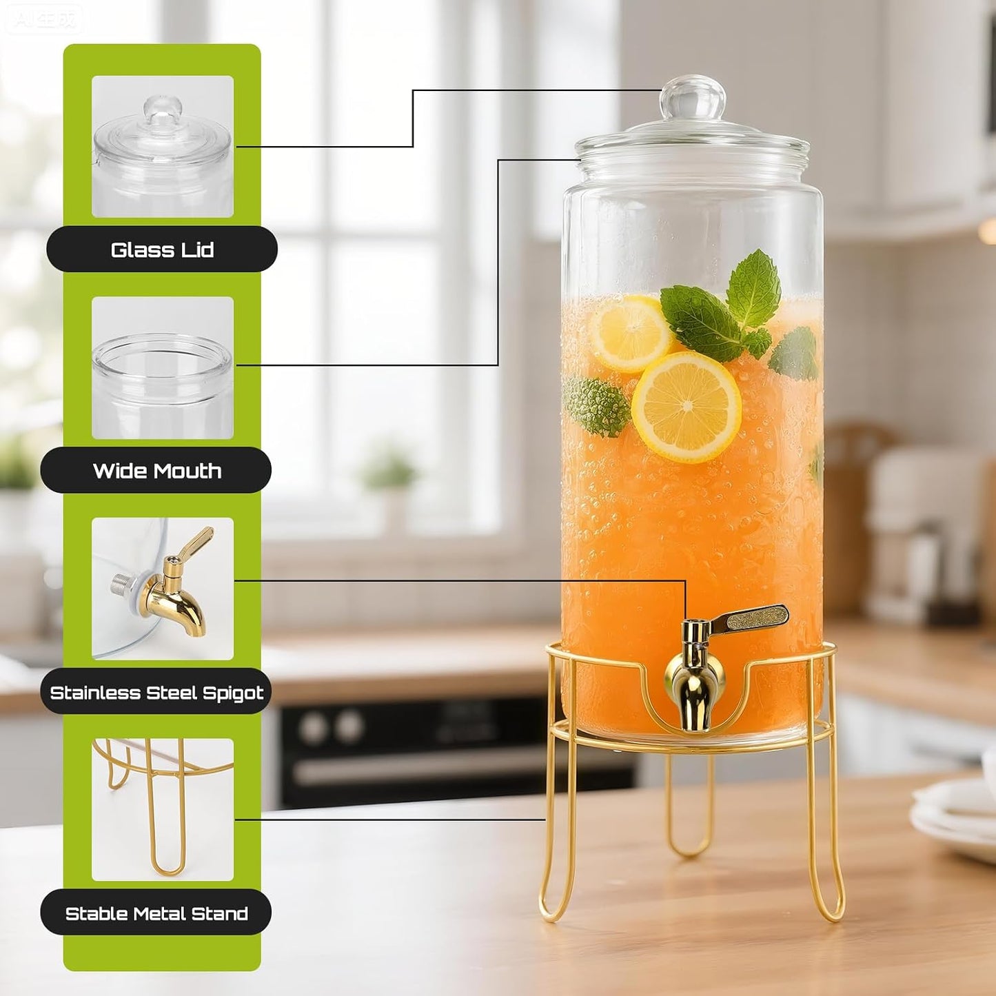 DHSBTLS 1 Gallon Glass Drink Dispensers, Round Beverage Dispenser for Party, BBQ and Picnic, Clear Airtight Juice Dispenser with Golden Stand, Stainless Steel Spigot, Markers and Chalkboard