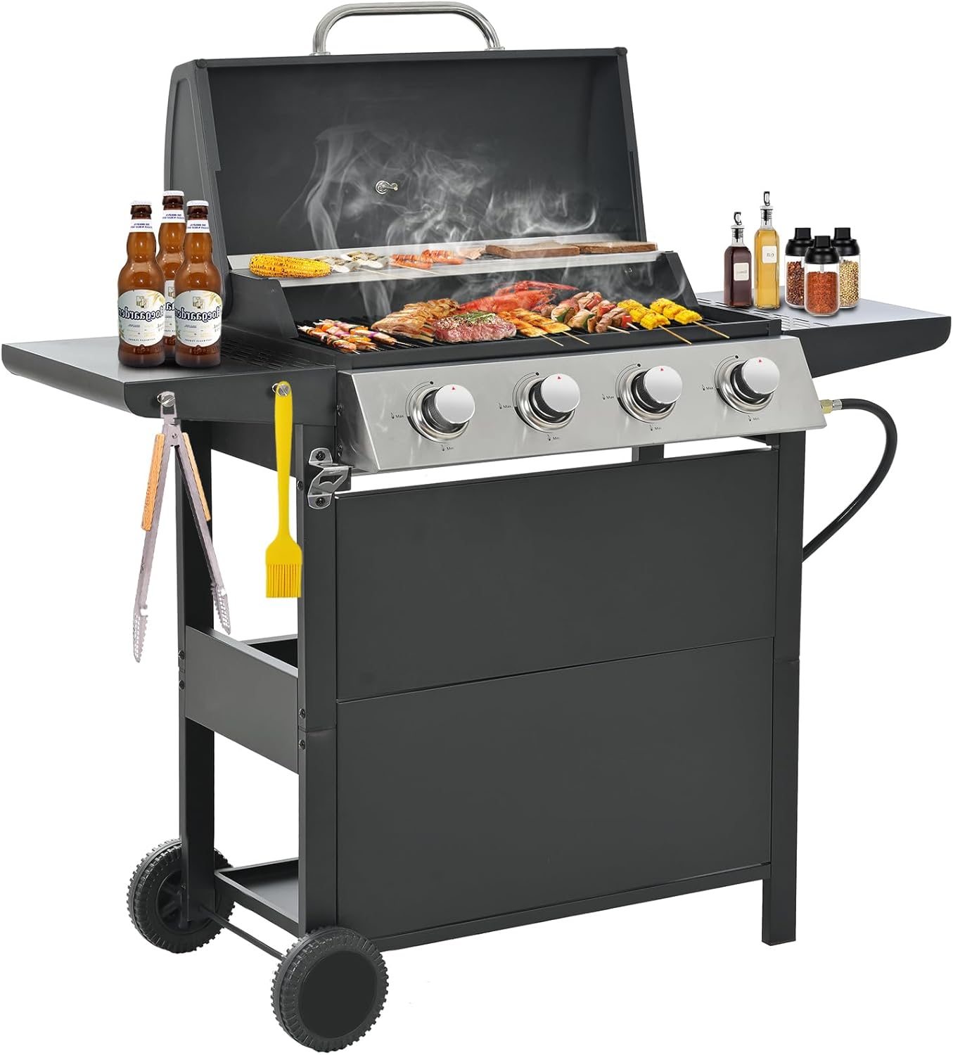 3-Burner Propane Gas Grill, 30,000 BTU Stainless Steel Outdoor BBQ Grill with Lid, Side Shelves & Wheels for Patio, Garden and Backyard Cooking