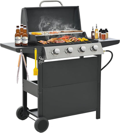 3-Burner Propane Gas Grill, 30,000 BTU Stainless Steel Outdoor BBQ Grill with Lid, Side Shelves & Wheels for Patio, Garden and Backyard Cooking