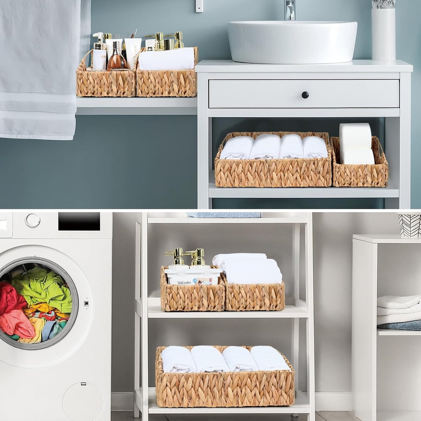 Rattan Storage Baskets, Handwoven Wicker Storage Bins with Built-in Handles, Storage Container Baskets for Shelves, Bedroom, Bathroom, Laundry Room or Kitchen(Natural)