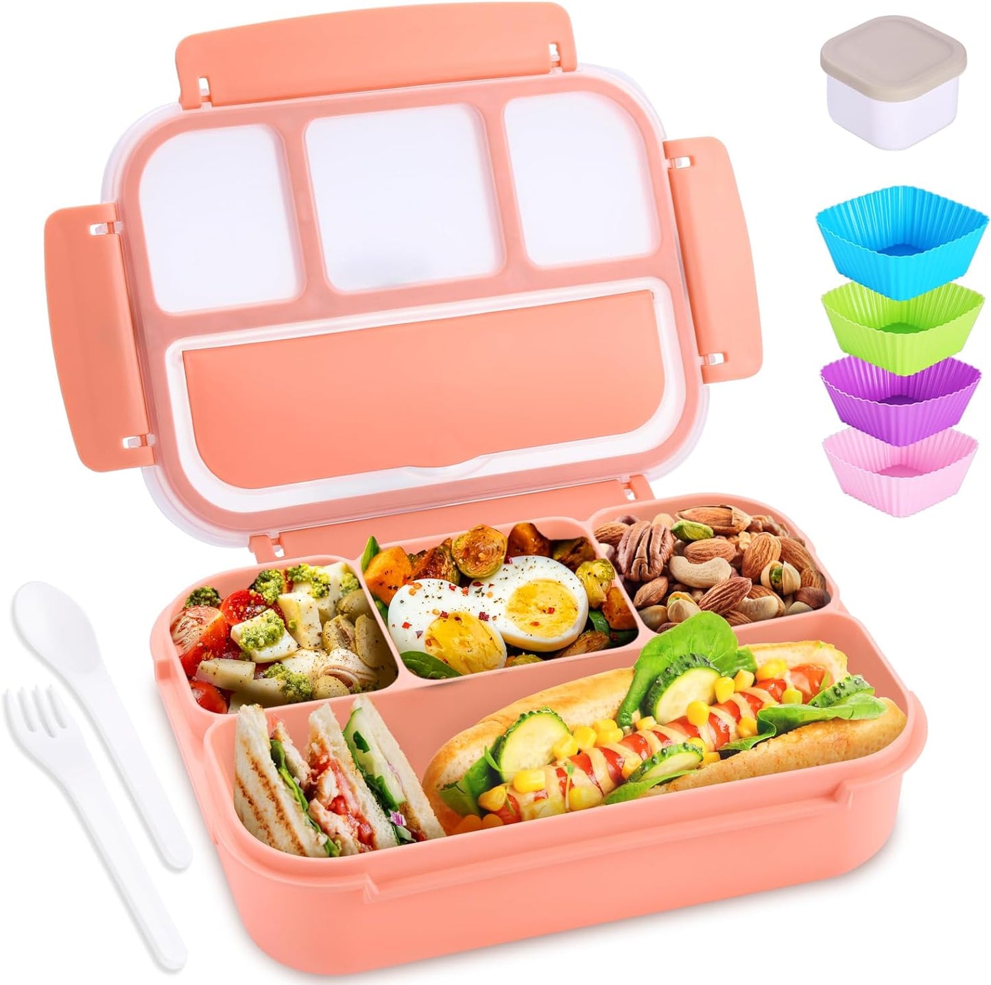 Bento Box Adult Lunch Box, Lunch Containers for Kids Girls Boys with 4 Compartments, Lunchable Food Container with Utensils, Sauce Jar, Muffin Liners, 40 Oz/5 Cup, Microwave Safe, Lavender