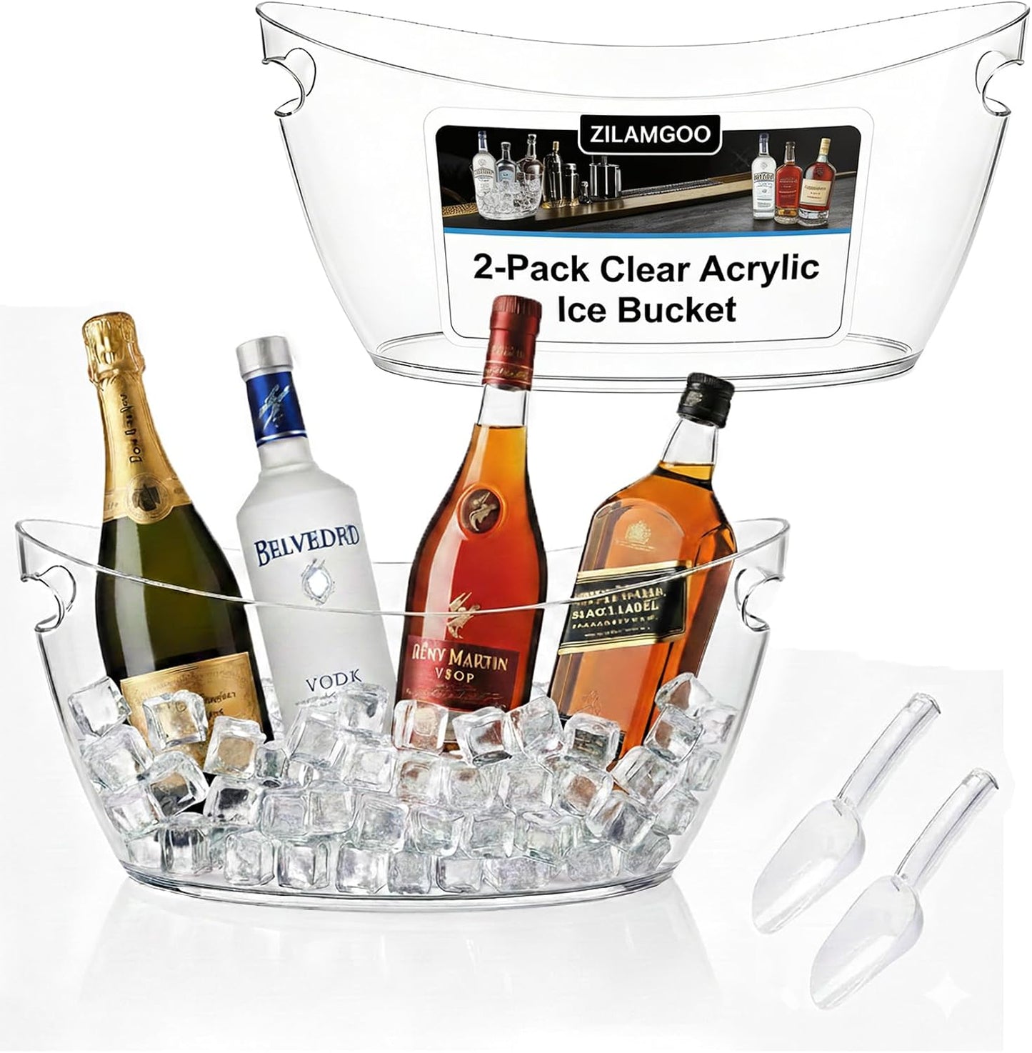 2-Pack Clear Acrylic Ice Buckets for Parties (5.5L Each) – Plastic Beverage Tubs with Scoops – Wine Bucket Chiller for Parties, Drink Buckets for Outdoor Events, Mimosa Bar, BBQ