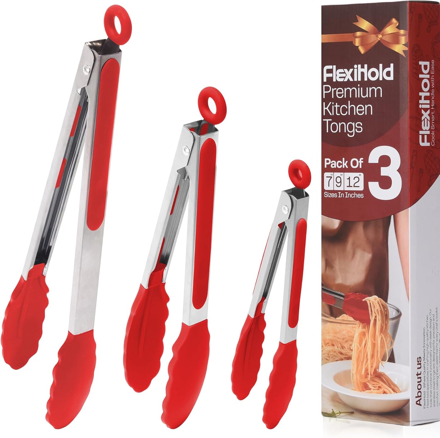 Pack of 3 Stainless Steel Kitchen Tongs with Silicone Tips – Non-Stick Cooking, Grilling & BBQ Tongs for Serving, Dishwasher Safe, 7", 9" & 12", Black