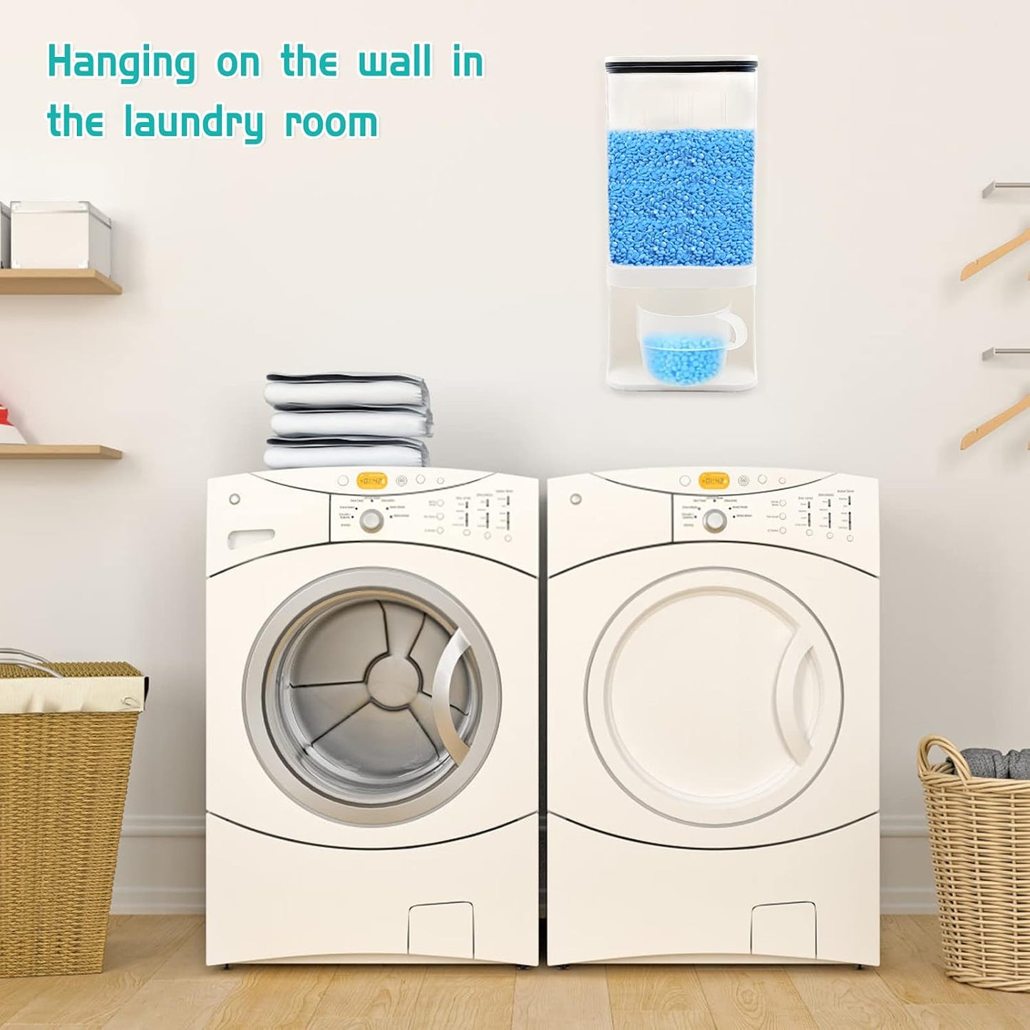 Detergent Dispenser for Laundry Room,Wall-Mounted Laundry Detergent Dispenser with Spigot Cup Holder,Suitable for Soap Beads Rice Scent Boosters Dry Food Dog Food Dispenser Storage Containers(1.5L)
