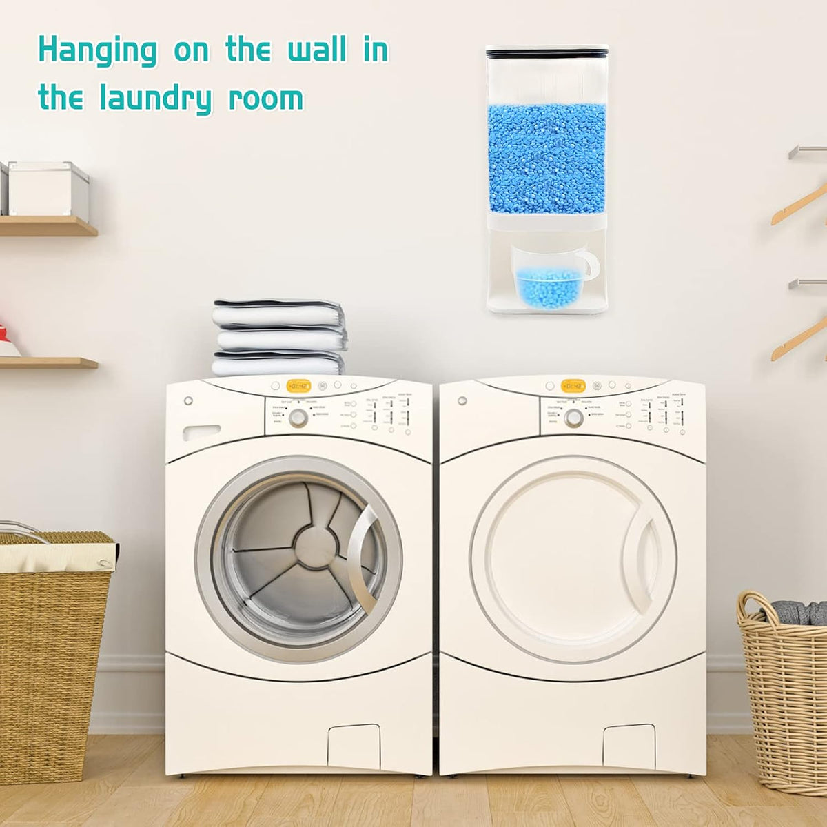Detergent Dispenser for Laundry Room,Wall-Mounted Laundry Detergent Dispenser with Spigot Cup Holder,Suitable for Soap Beads Rice Scent Boosters Dry Food Dog Food Dispenser Storage Containers(1.5L)