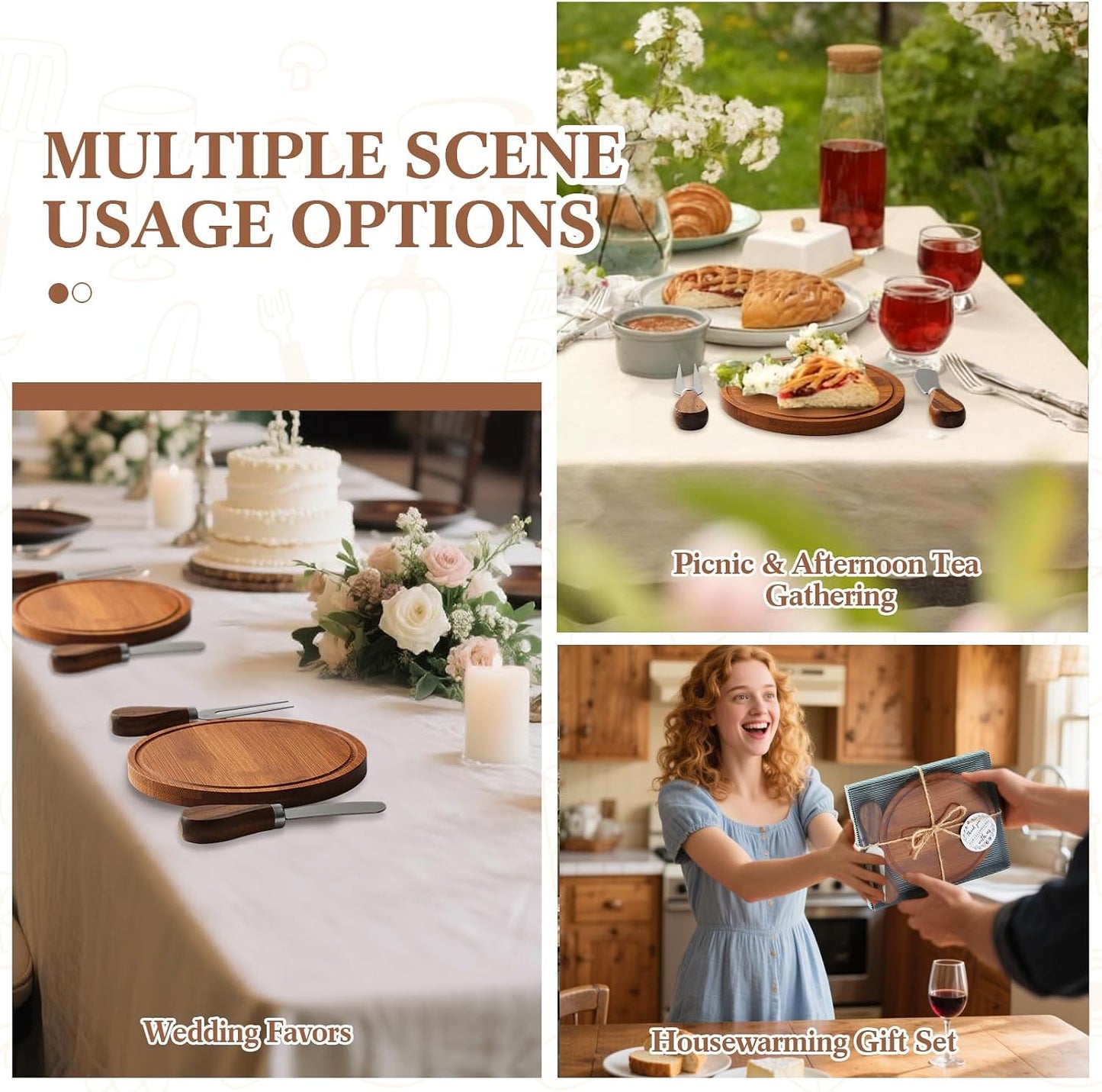 Maxcheck 6 Sets Baby Shower Bridal Game Prizes for Winners Round Cheese Board Set Wood Mini Charcuterie Board with Knives and Forks Thank You Card with Gift Box for Guests Wedding (Bamboo)