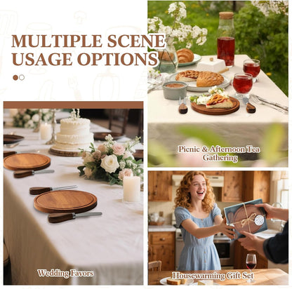 Maxcheck 6 Sets Baby Shower Bridal Game Prizes for Winners Round Cheese Board Set Wood Mini Charcuterie Board with Knives and Forks Thank You Card with Gift Box for Guests Wedding (Bamboo)