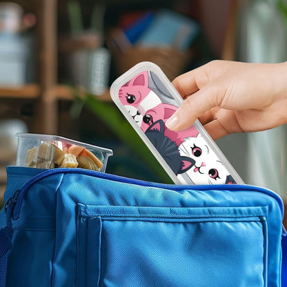 3-Piece Kids Silverware Set With Storage Case, Stainless Steel Reusable Children Safe Knife Spoon Fork Set Cute Kittens Children Flatware Set For Kids Lunch Box