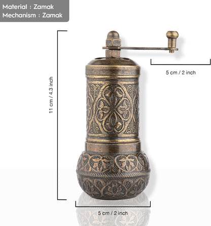 Handmade Decorative Black Pepper Grinder, Zamak Conical Burr, Refillable Turkish Spice Mill Manual Pepper Mill with Handle, Spice Grinder Metal with Hand Crank 11 cm-4.3 inch