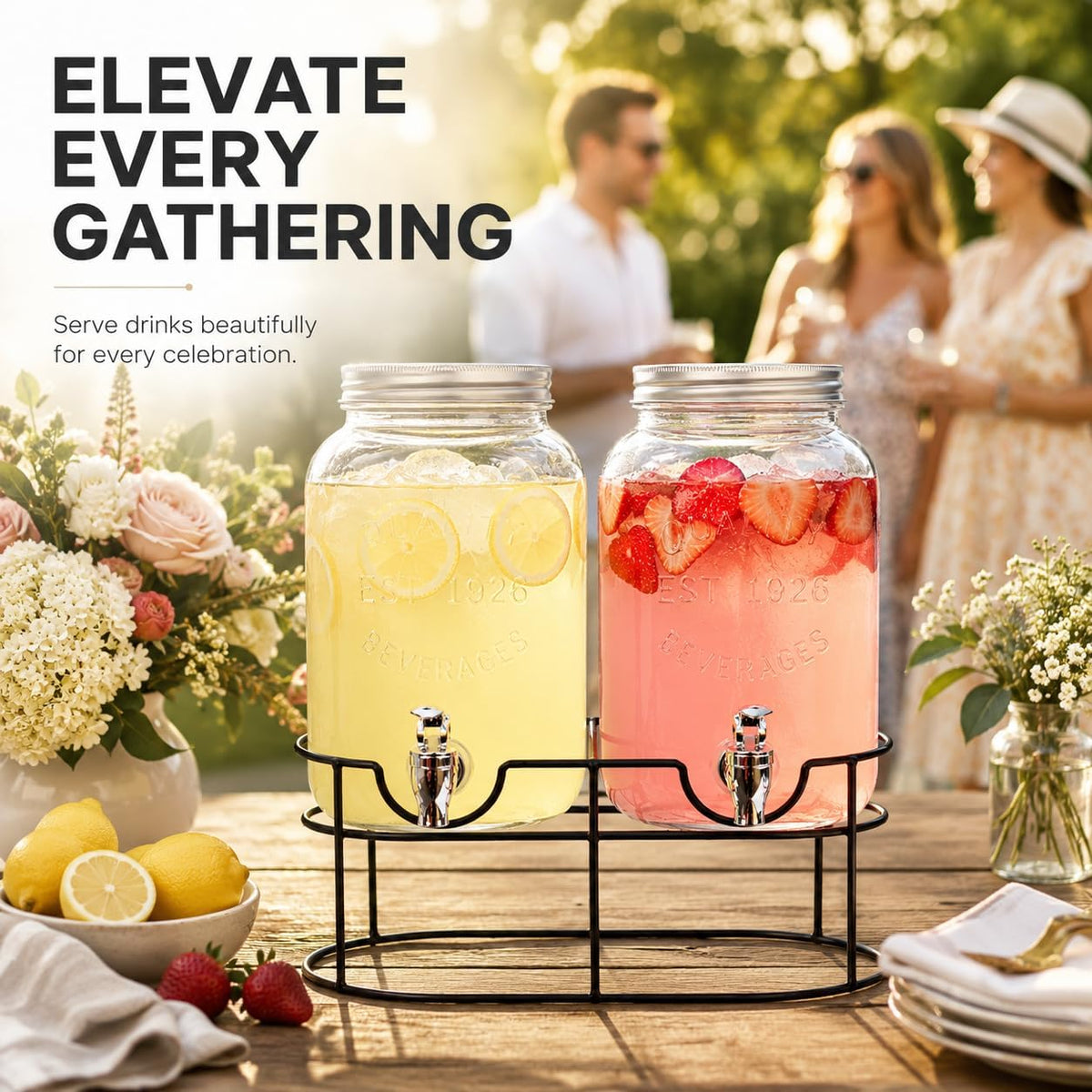 Estilo Gallon Drink Dispenser with Stand - Glass Beverage Dispenser with Stand for Weddings - Sun Tea Jar with Spigot 1 Gallon - Countertop Glass Water Dispenser for Lemonade and Parties