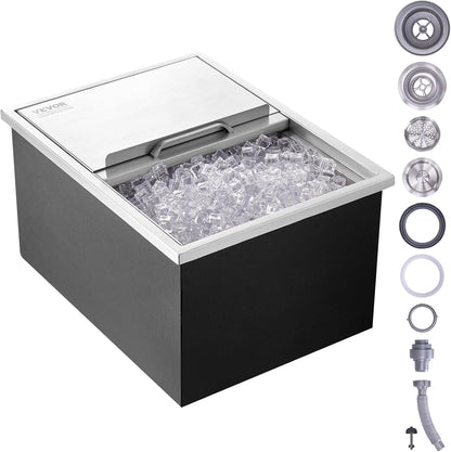 Happybuy Drop in Ice Chest 18L x 12W x 14.5H Inch Stainless Steel Ice Cooler with Sliding Cover Drop in Ice Bin Included Drain-Pipe and Drain Plug for Cold Wine Beer