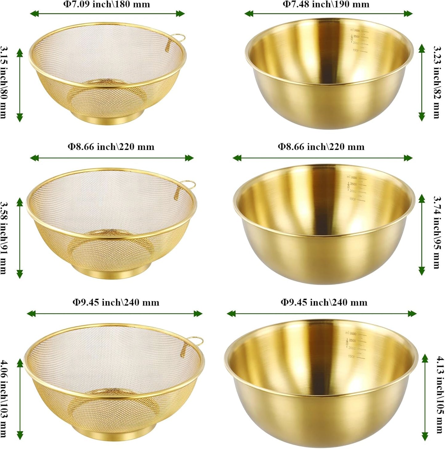 6 PCS Gold Stainless Steel Colander Set, 1.2Qt 2Qt and 3Qt Capacity Rice Washing Strainers with Metal Mixing Bowls Basin for Pasta Straining, Fruit Washing, Vegetable Draining