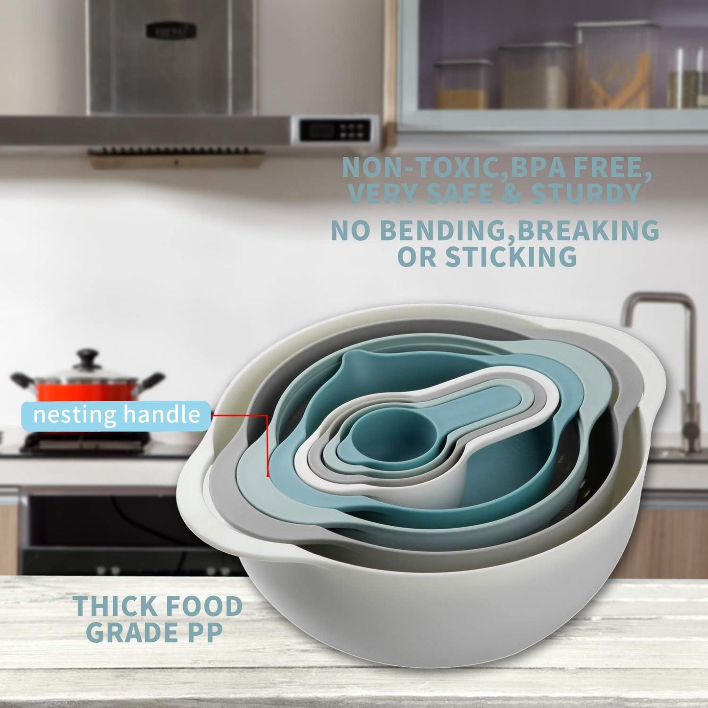 13 Pcs Mixing Bowls Set, RV Camping Accessories Set, Apartment Kitchen Gadget Easy Storage, Inculding Measuring Cups Colander Sifter Large Bowl Whisk Scraper, Great for Cooking and Baking, No BPA