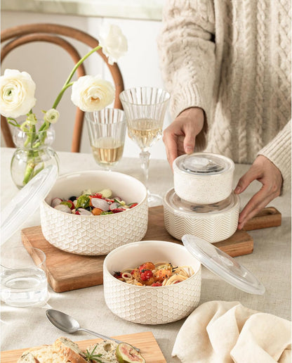 Mixing Bowls with Lids Set of 4, Ceramic Nesting Bowls, Embossed Mixing Bowl Set for Food Storage, Prep Bowl, Gift, Microwave and Dishwasher Safe, 10/18/33/50 OZ, Off-White