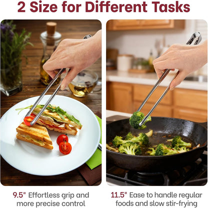 Precision Serrated Non-Slip Tips Cooking Tongs 2 Set (11.5" & 13.5"), 18/8 Stainless Steel Metal Tong, Light but Durable, Easily Control Kitchen Tweezer Tongs for Frying, Plating, BBQ