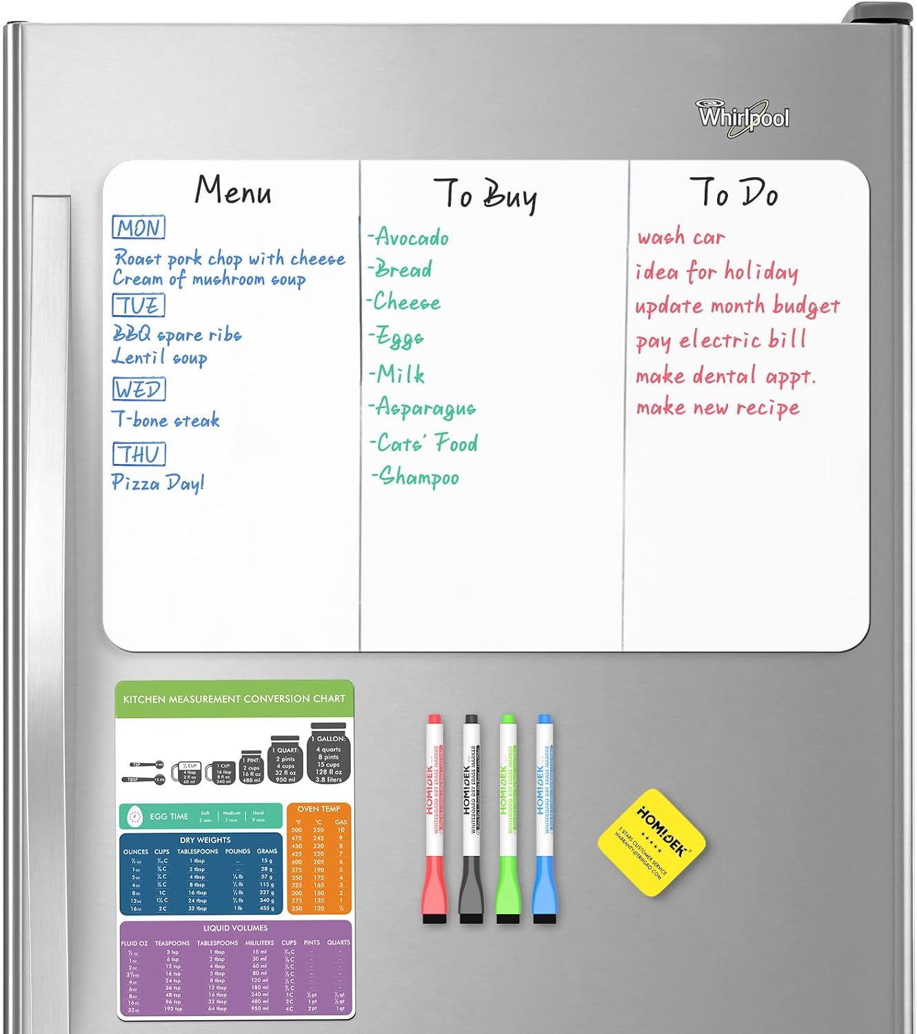 HOMiDEK Magnetic Dry Erase Board: Small Fridge Whiteboard, Flexible Refrigerator Magnet White Board, Blank Writing Note Sheet with Kitchen Conversion Chart Magnet, 4 Markers & Eraser - 12 x 8