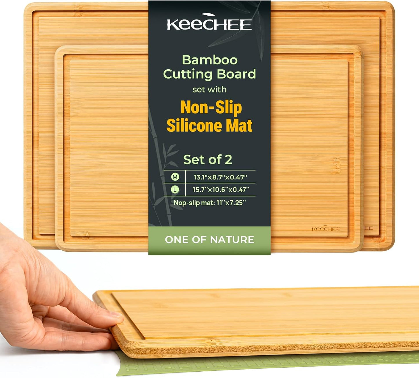 Keechee Cutting Board with Non-slip Mat, Bamboo Cutting Board for Kitchen Meal Prep & Serving - Wood Serving Board Set with Deep Juice Groove Ideal Kitchen Gifts