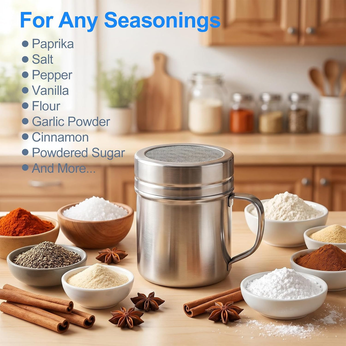 4 Pack Stainless Steel Salt and Pepper Shakers, 10 oz Dredge Shakers with Lid and Handle, Spice Seasoning Condiment Dispenser for Salt Powder Sugar Flour, Fits Cooking Kitchen Baking