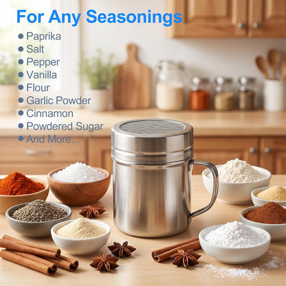 4 Pack Stainless Steel Salt and Pepper Shakers, 10 oz Dredge Shakers with Lid and Handle, Spice Seasoning Condiment Dispenser for Salt Powder Sugar Flour, Fits Cooking Kitchen Baking