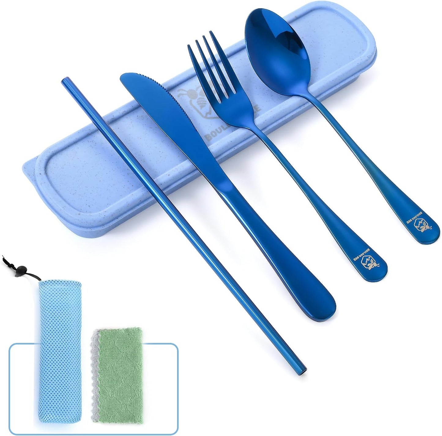 Boulder Bee | Travel Utensils Set | Reusable Camping Cutlery Set | Stainless Steel Flatware Set | Portable Silverware Set with Case | Includes Knife/Fork/Spoon/Straw/Cleaning Cloth/Case (Purple)