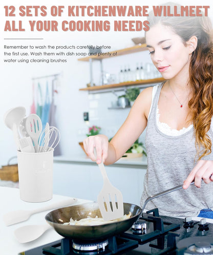 Kitchen Utensils Set-12 Pieces Silicone Cooking Utensils Set (Dishwasher Safe) 392°F Heat Resistant Spatula Set,Kitchen Utensil Set for Nonstick Cookware,Best Kitchen Tools with Holder