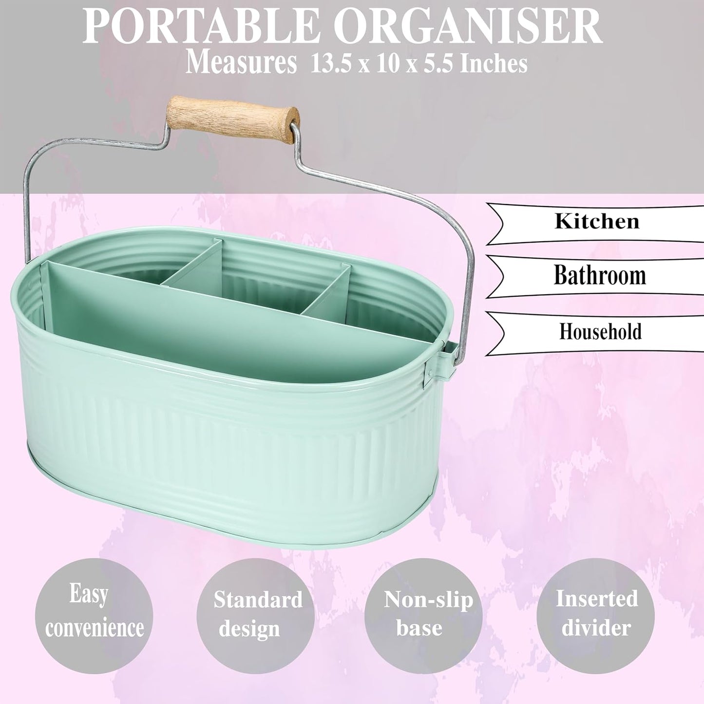 Alpha Living Home Galvanized Metal Utensil Caddy - Rustic Farmhouse Organizer Metal Garden Caddy with 4 Compartments and Wooden Handle for Kitchen, Buffet & Outdoor Events (Silver)