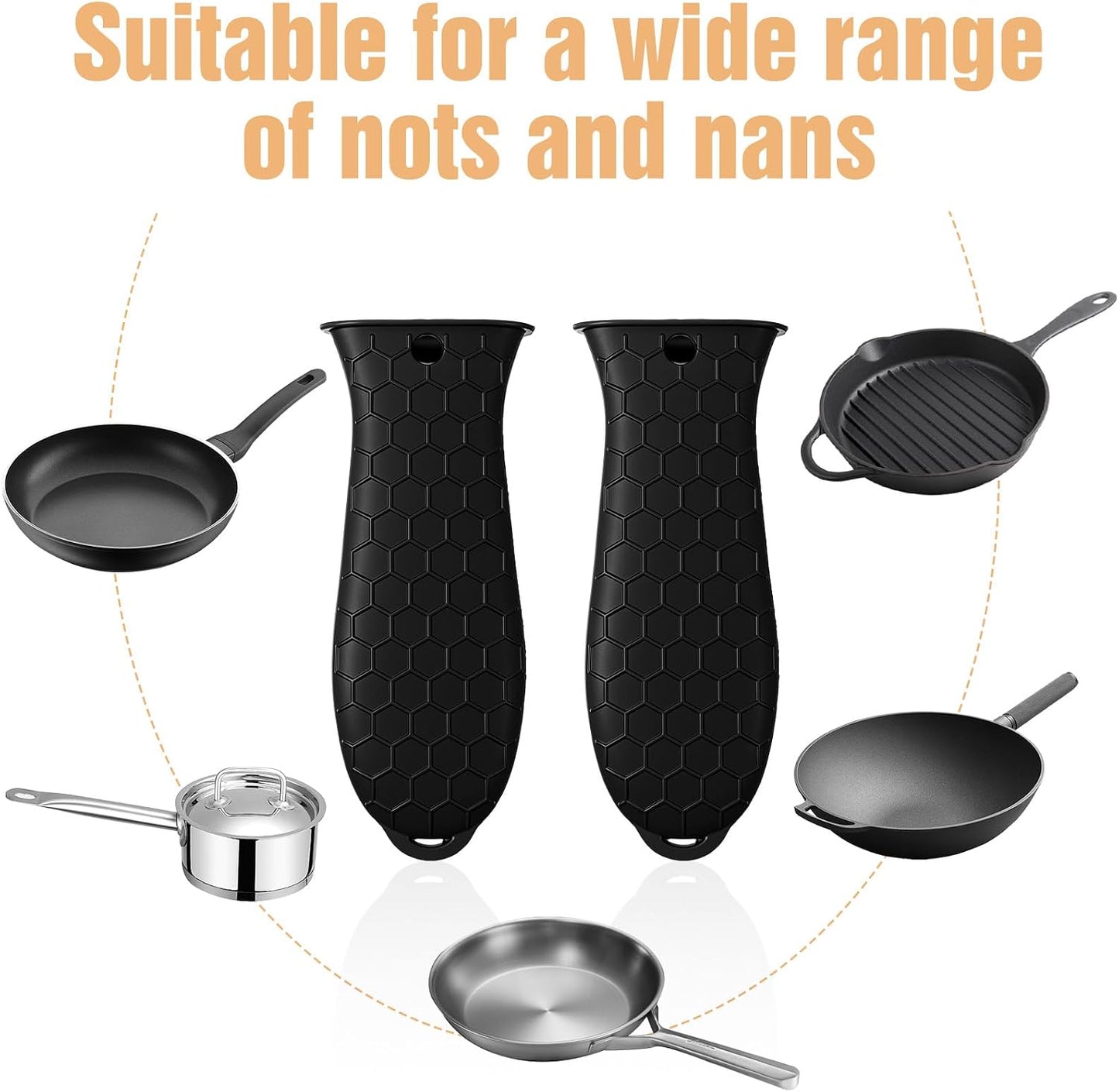 2Pcs Silicone Pot Holders Set Cast Iron Pan Handle Covers, Heat Resistant Pot Handle Sleeve Reusable Non-Slip Handles Protectors for Cast Iron Pots, Woks, Frying Pans, Griddles, Skillets, Oven(Black)