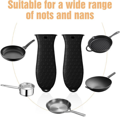 2Pcs Silicone Pot Holders Set Cast Iron Pan Handle Covers, Heat Resistant Pot Handle Sleeve Reusable Non-Slip Handles Protectors for Cast Iron Pots, Woks, Frying Pans, Griddles, Skillets, Oven(Black)