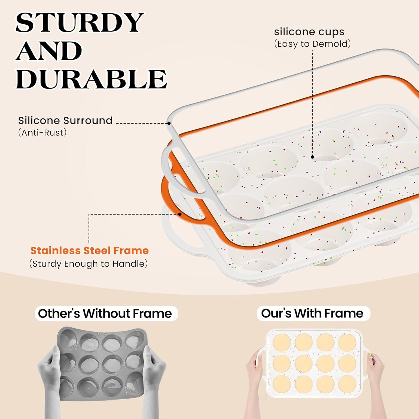 Regular 12 Cup and Mini 24 Cup Nonstick Cupcake Pan Set Silicone Muffin Pan for Baking Silicone Cupcake Mold with Metal Reinforced Frame BPA Free (2 Pcs, Cream)