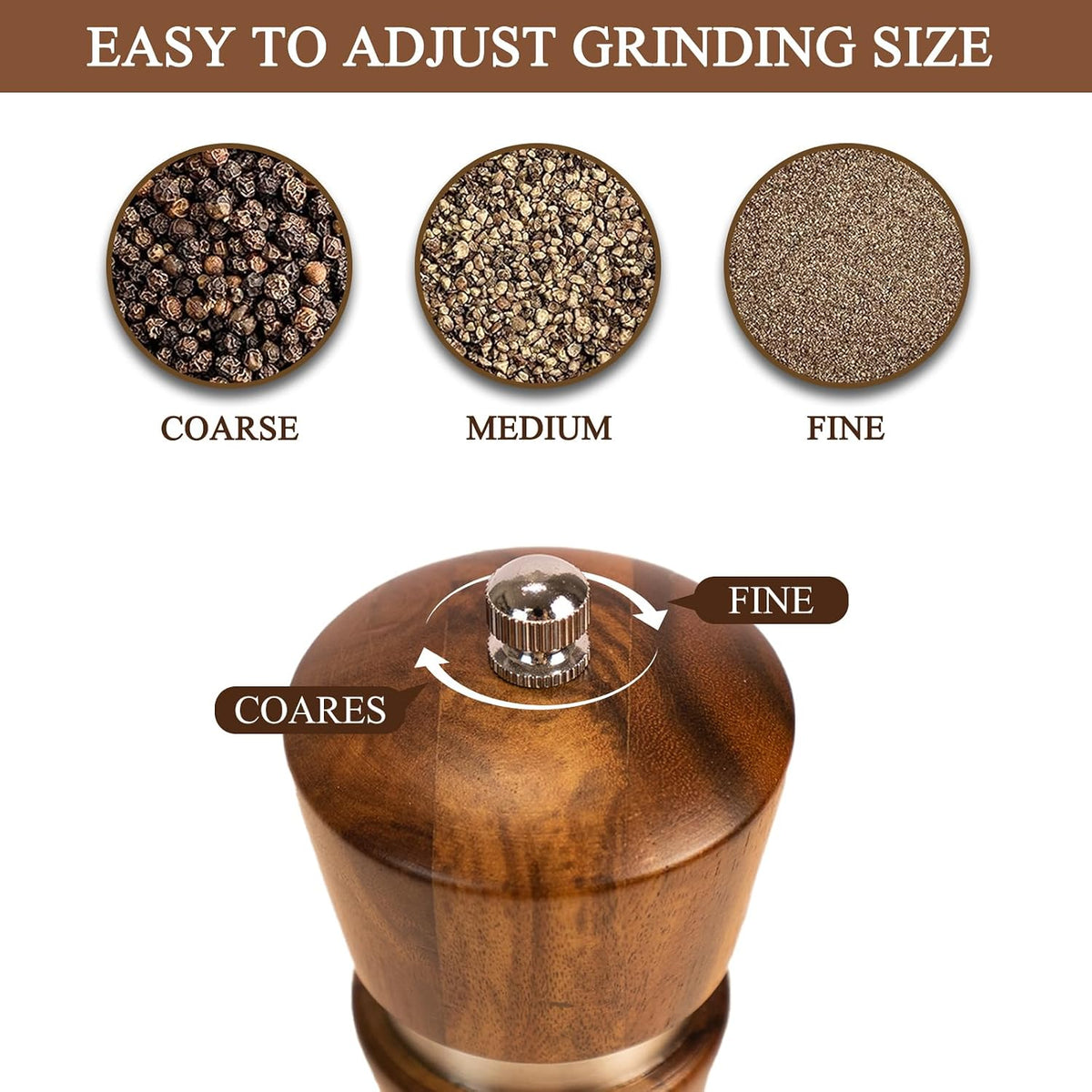 Acacia Wood Pepper Grinder, 8 Inch Salt Mill Pepper Mill for Kitchen