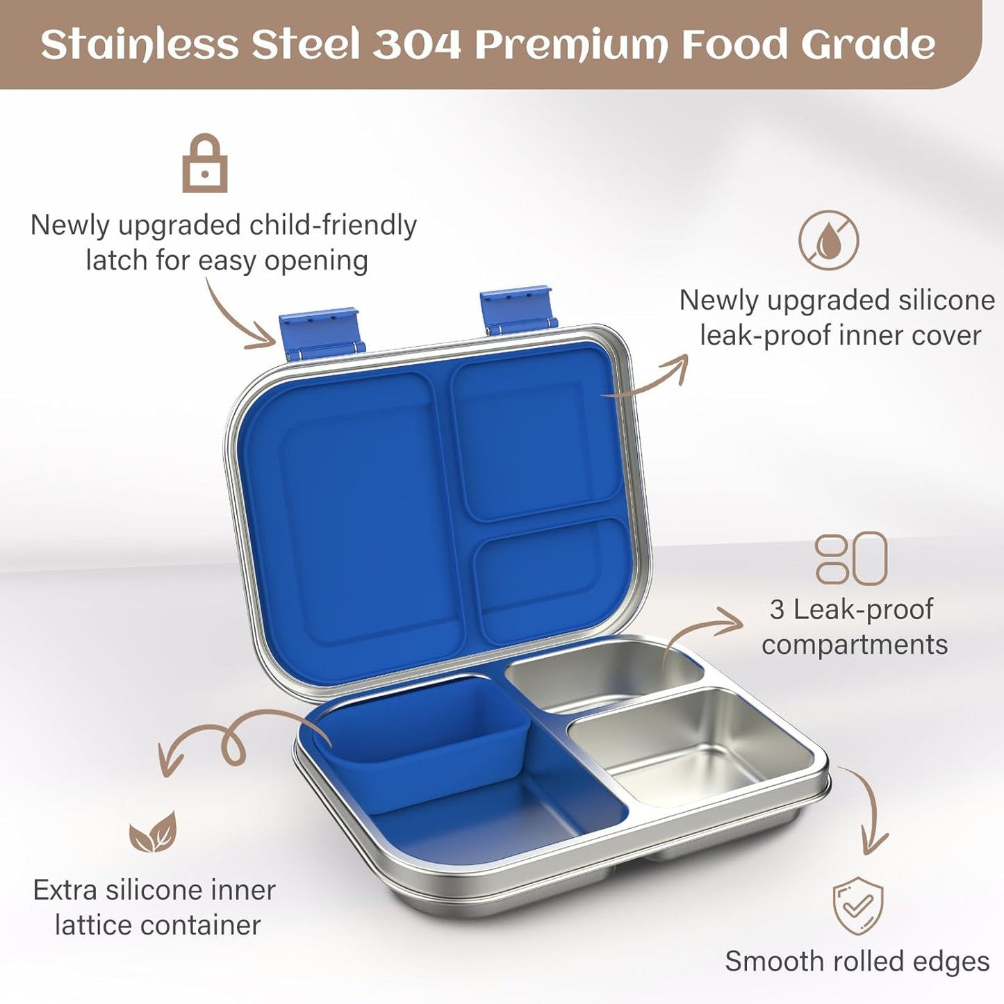 BABHAMNESS Stainless Steel Bento Box Kids, 3 Compartments Leak Proof Metal Bento Lunch Box, 304 Stainless Steel Bento Lunch Containers for School and Office,Dishwasher Safe, BPA-Free-Pink