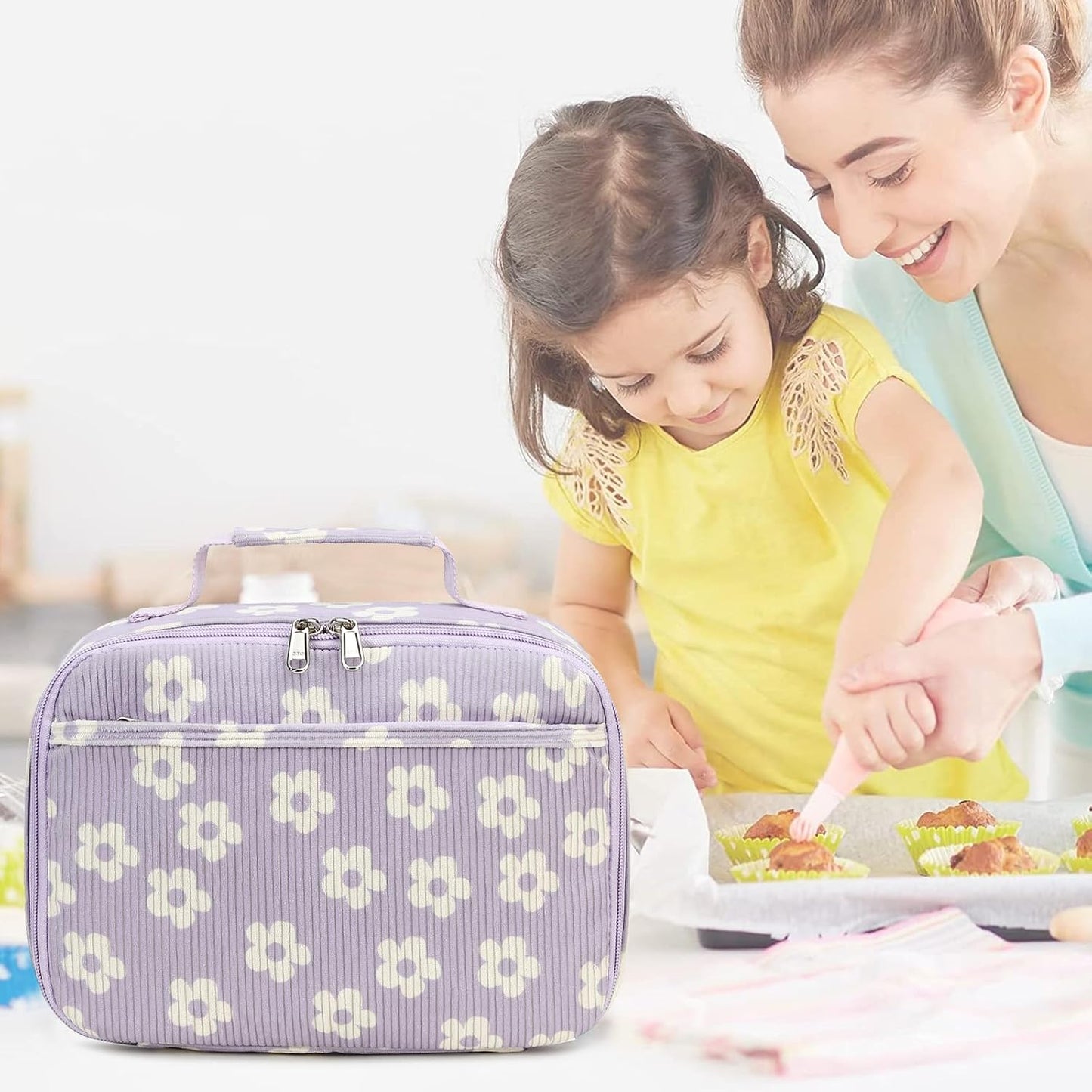 Bluboon Insulated Lunch Bag for Girls & Boys, Corduroy School Lunch Box with Cooler & Organizer Compartments, Leak-Proof Lunch Tote for School, Travel (Corduroy Strawberries Beige)