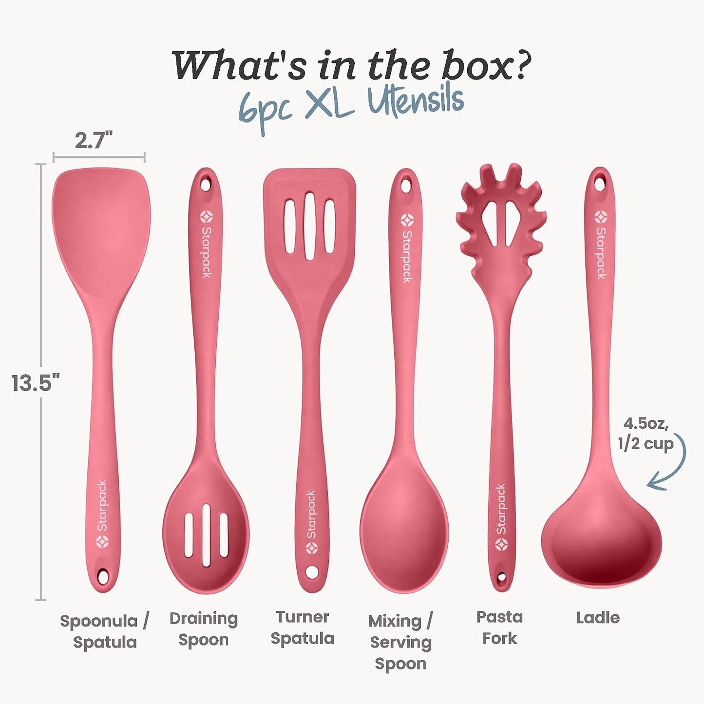 Starpack Like a Boss XL Silicone Cooking Utensils Set (6-Piece, 13.5") - LFGB Certified, 600°F Heat Resistant, BPA-Free - Heavy-Duty Steel Core, Dishwasher Safe - for Nonstick Cookware, Sage Green