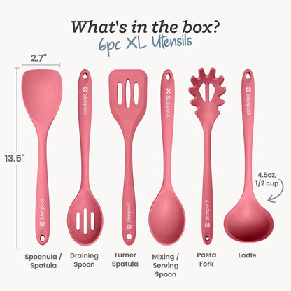 Starpack Like a Boss XL Silicone Cooking Utensils Set (6-Piece, 13.5") - LFGB Certified, 600°F Heat Resistant, BPA-Free - Heavy-Duty Steel Core, Dishwasher Safe - for Nonstick Cookware, Sage Green