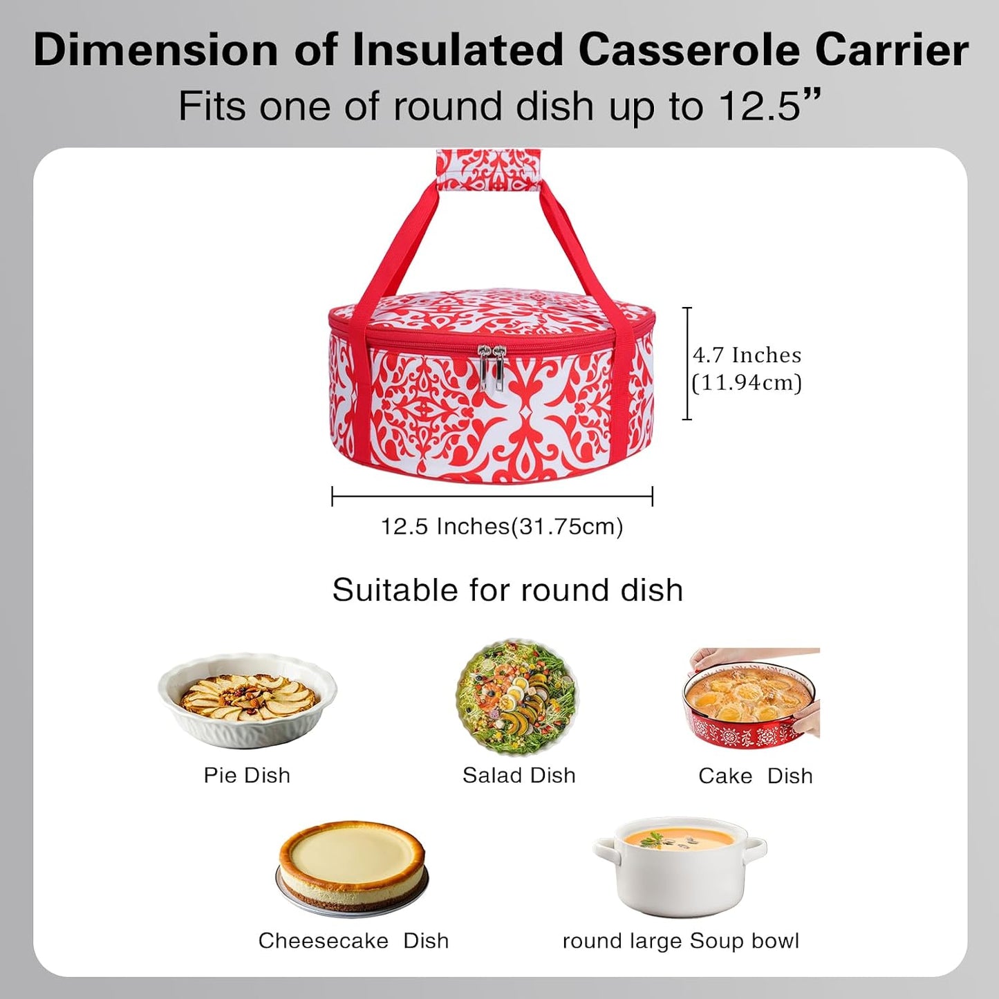 Round Insulated Pie Carrier – Thermal Portable Lunch Transport Cheesecake Cake Dish Container Bag Keep Food Hot/Cold/Fresh for Potlucks Parties Gathering/Cookouts/Church Dinner/Outdoor Events-Red
