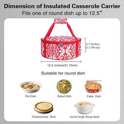 Round Insulated Pie Carrier – Thermal Portable Lunch Transport Cheesecake Cake Dish Container Bag Keep Food Hot/Cold/Fresh for Potlucks Parties Gathering/Cookouts/Church Dinner/Outdoor Events-Red