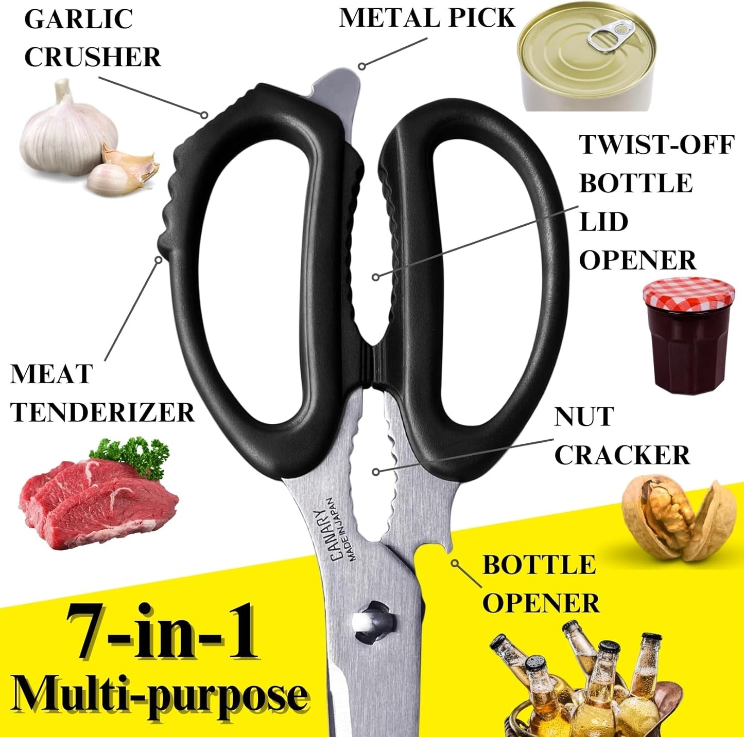 CANARY Japanese Kitchen Scissors Heavy Duty 8.2", Made in JAPAN, Dishwasher Safe Come Apart Blade, Multipurpose Kitchen Scissors, Sharp Serrated Japanese Stainless Steel, Black