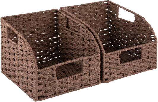 OIAHOMY Pantry Baskets for Organizing, Paper Rope Baskets with Built-in Handles, Wicker Storage Bins for Shelves, 2 Pack-Yellow
