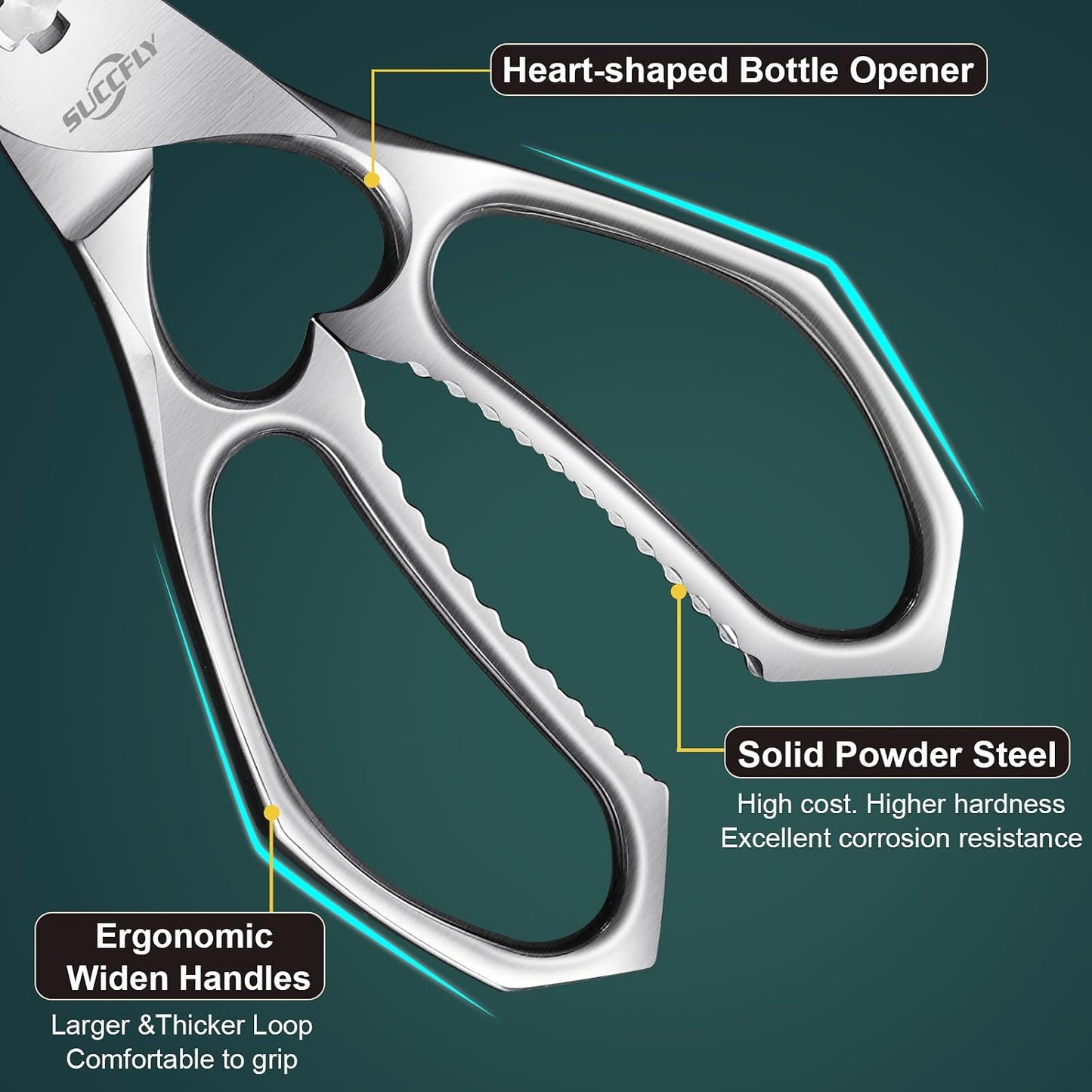 SUCCFLY Kitchen Scissors for Food，Premium Kitchen Shears Heavy Duty，8.8″Ultra Sharp Meat Scissors Detachable Blade，All Steel Poultry Shears Black Titanium Plated，Anti-Slip Cooking Scissor All Purpose