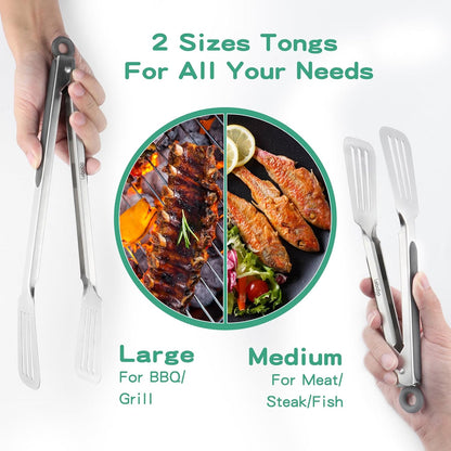Metal Tongs for Cooking, Set of 2 Stainless Steel Spatula Tongs for Grilling, Cooking and Flipping, Strong Grip for Ribs, Steak and Fish, Comfortable Grip, Easy Pull Lock, 9 inch & 12 inch