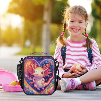 Insulated Lunch Box for Girls Kids Axolotl Lunch Bags Reusable Portable Lunchbox with Adjustable Shoulder Strap and Water Bottle Holder for Work School Travel