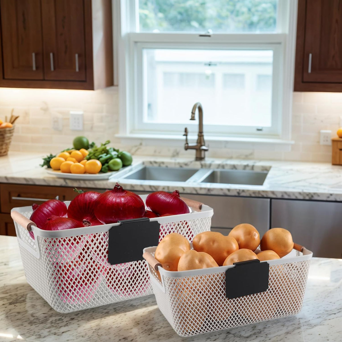 Onion and Potato Storage Baskets,A set of 2 Wooden Handle storage Basket Stackable Plastic Pantry Bins, Multifunctional Organizers for Kitchen, Countertop, and More Vegetable Storage Box (Black-2pack)